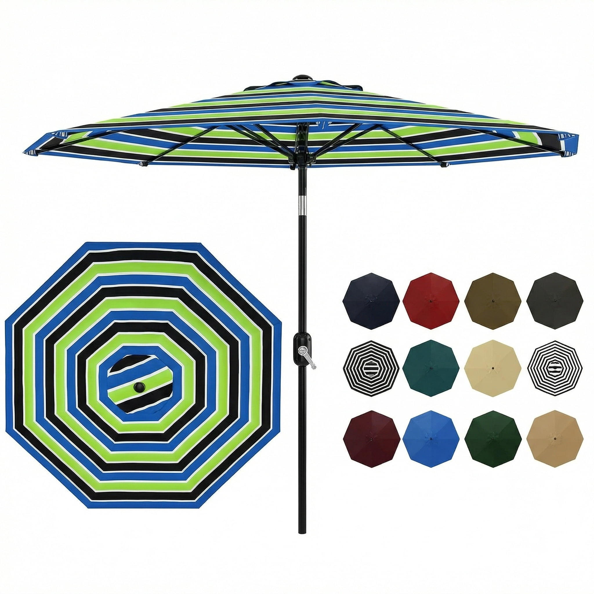 9FT Outdoor Patio Umbrella,Table Market Umbrella with Push Button Tilt and Crank,Tricolor Stripe