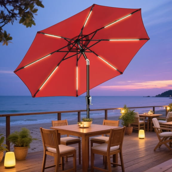 Patbrela 9FT Patio Umbrella Solar Lighted Outdoor Umbrella with LED Strips, Convenient Crank Lift System, for Beach, Gargen, Yard, Home, Pool, Red