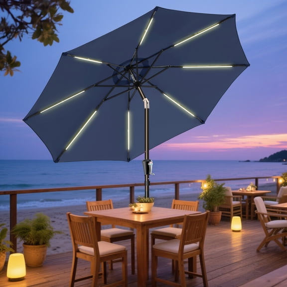 Patbrela 9FT Patio Umbrella Solar Lighted Outdoor Umbrella with LED Strips, Convenient Crank Lift System, for Beach, Gargen, Yard, Home, Pool, Navy