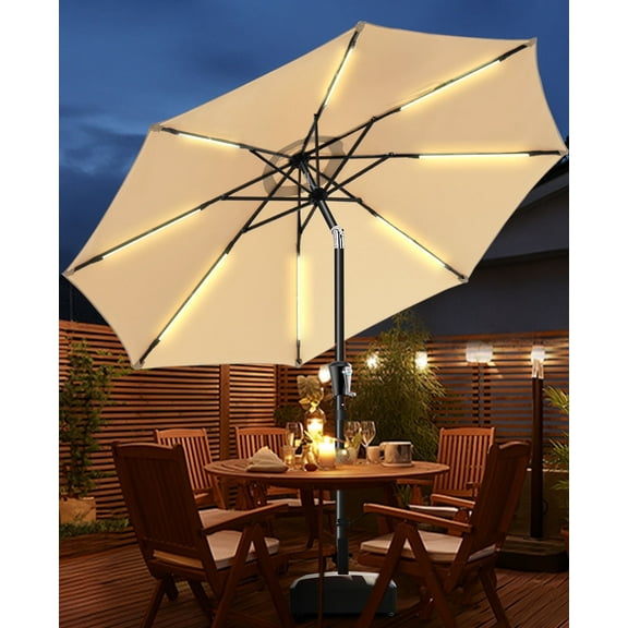 9FT Outdoor Solar LED Lighted Patio Umbrella with 8 LED Strip Lights & 8 Ribs, Convenient Crank Lift System,for Gargen,Yard,Home,Pool