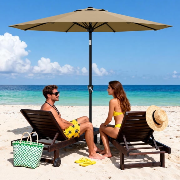 9FT Patio Umbrella with Push Button Tilt & Crank, Heavy-Duty Waterproof UV50+ Shade, Wind-Resistant 8-Rib Canopy for Deck, Garden, Pool, Backyard & Commercial Patio