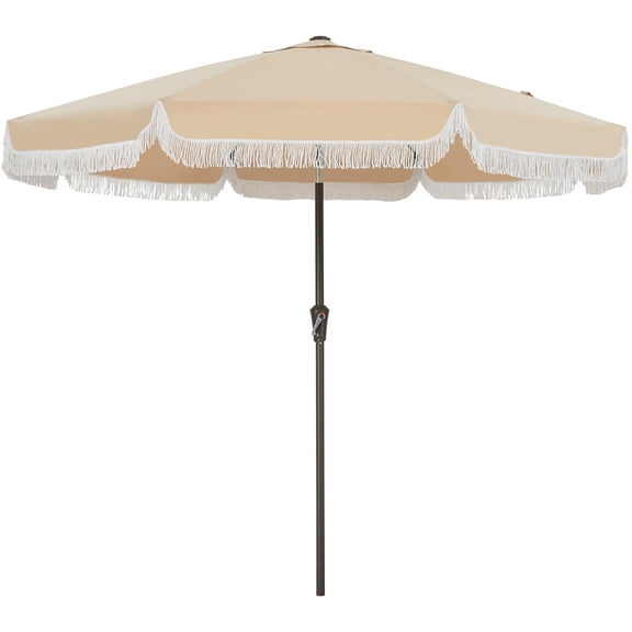 9FT Patio Umbrella with Retro Fringe, Outdoor Table Umbrella with 8 Fiberglass Ribs, Boho Tassel Market Umbrella with Crank Handle & Push Button Tilt for Backyard, Pool, Camping