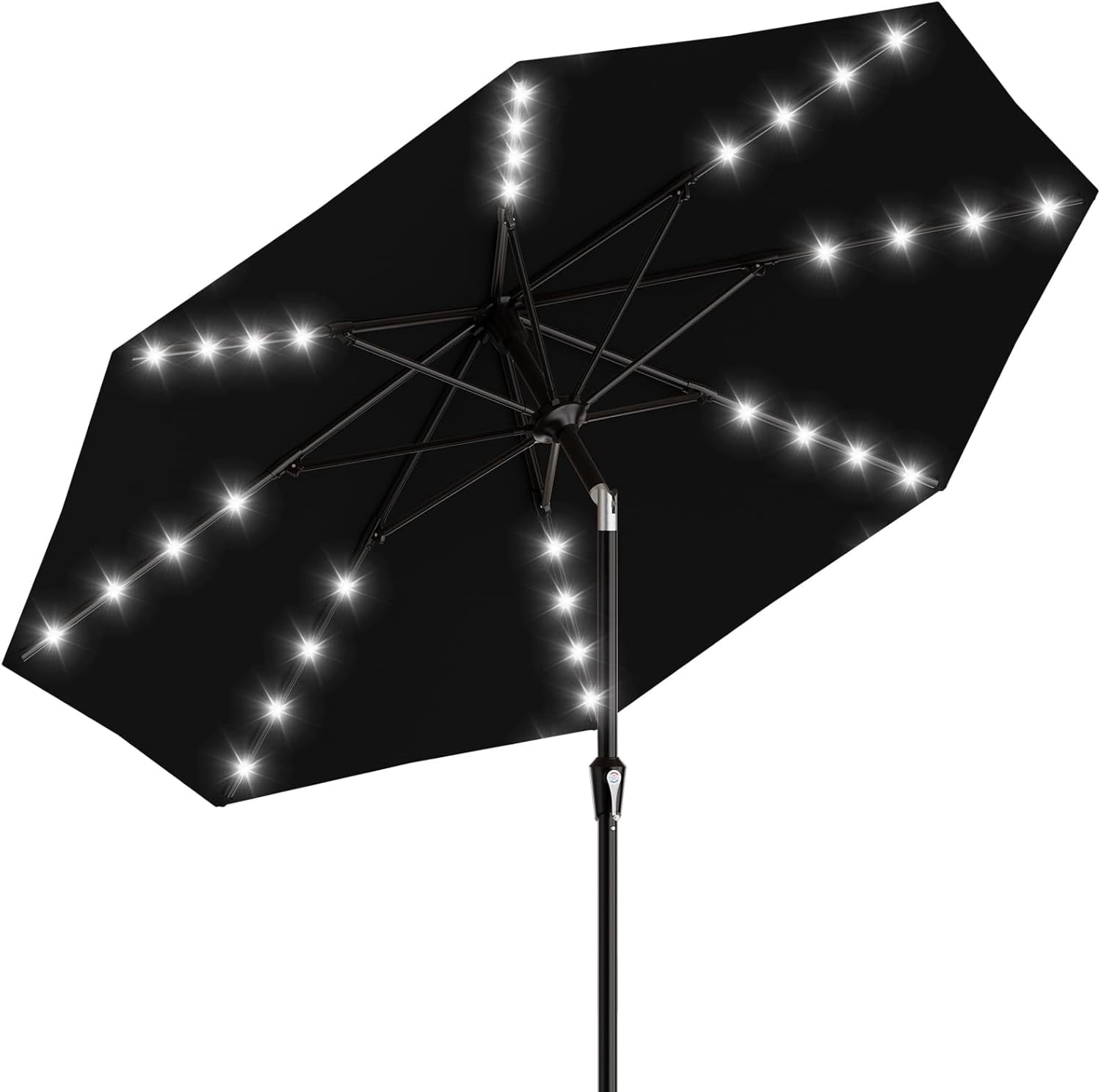 9FT Patio Umbrella with Solar Lights, 32 Lighted Pool Umbrella w/Tilt and Crank, Outdoor Market Solar Umbrellas for Garden, Deck, Backyard, Pool and Beach, Black