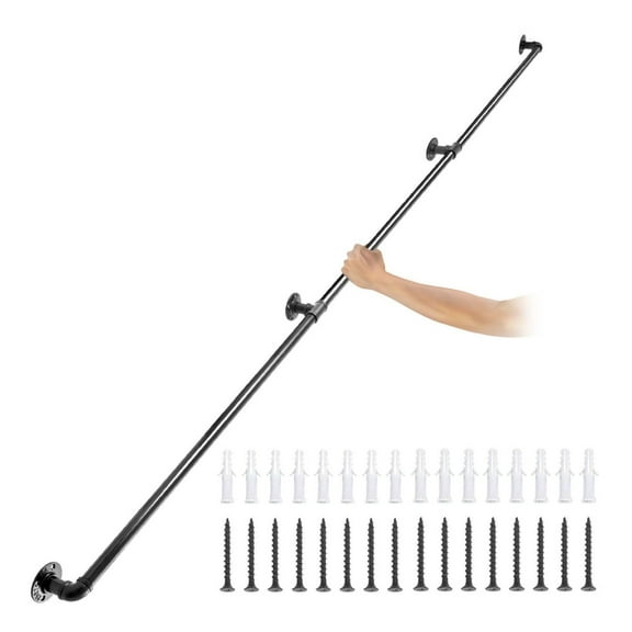 9FT Pipe Stair Handrail, 440LBS Industrial Handrail Kit, Carbon Steel Handrail with Wall Mount, Round Corner Railing for Indoor/Outdoor Stairs, Lofts, Black