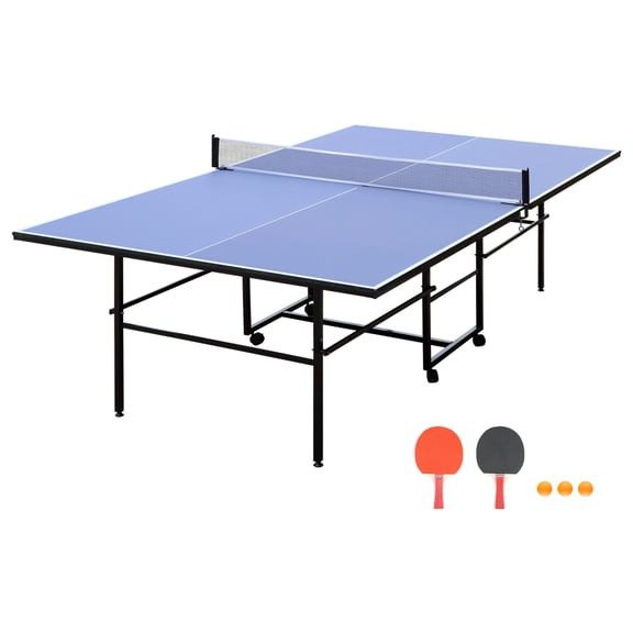9FT Portable Ping Pong Table, Mid-Size Foldable Table Tennis Table Set with Net,  2 Paddles and 3 Balls, Table Tennis Table for Kids Family Holiday Sports, Blue