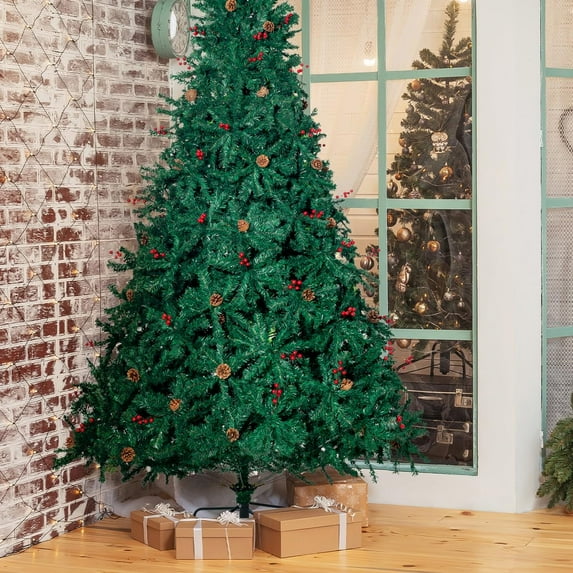9FT Pre-Decorated Christmas Tree with 2,800 PVC Branch Tips & Pine Cones & Red Berries