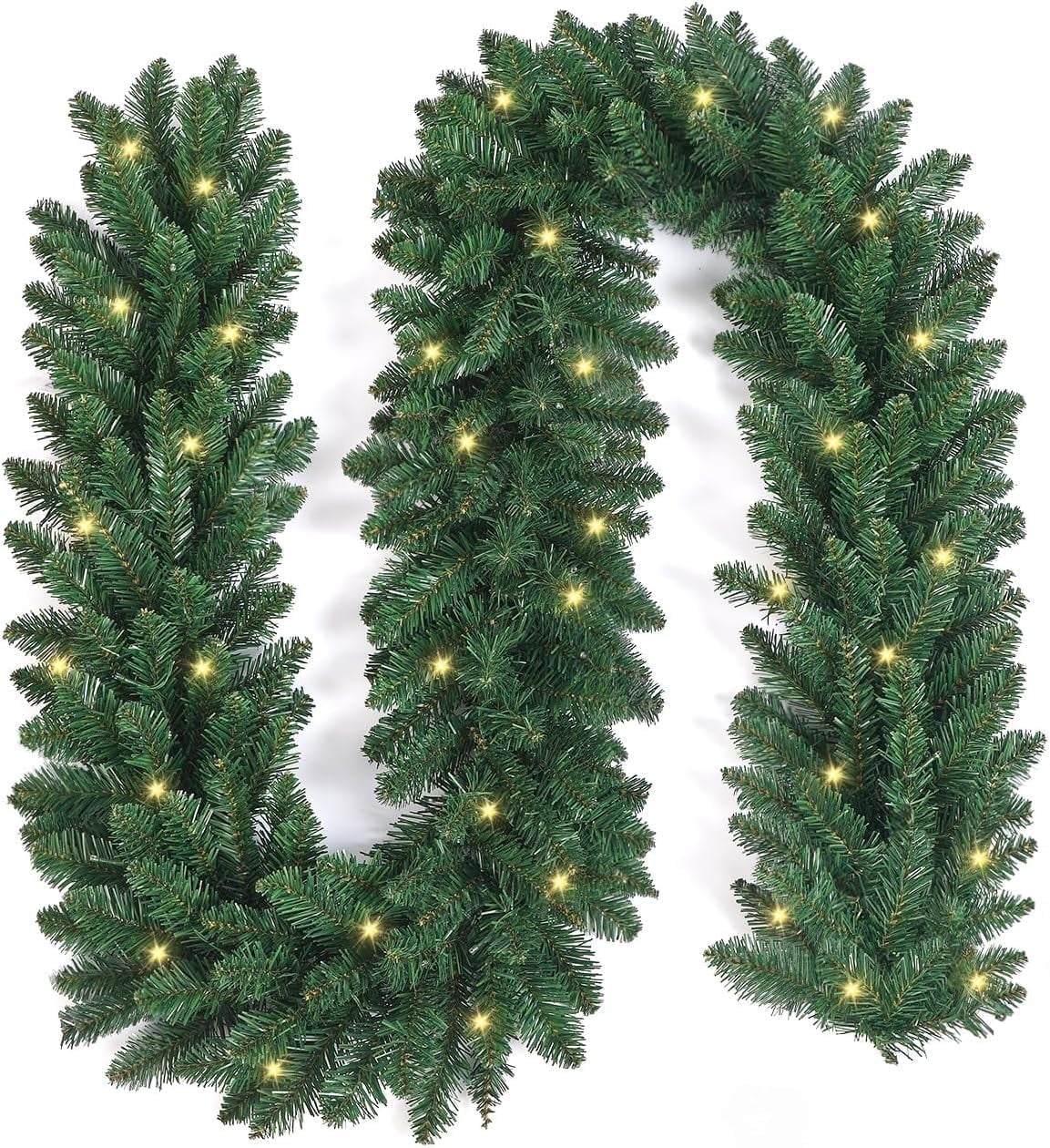 9FT Pre-Lit Artificial Christmas Garland, Battery Operated Garland with 50 LED Lights and Timer, Realistic Classic Evergreen Pine Spruce for Stair Railing Indoor Outdoor