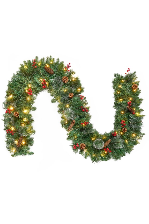 9FT Pre-Lit Artificial Christmas Garland, Green, Wintry Pine, White Lights, Decorated with Pine Cones, Berry Clusters, Plug In, Christmas Collection