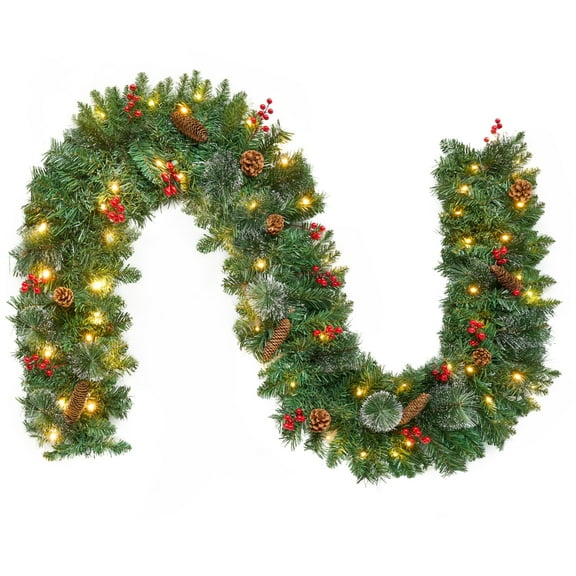 9FT Pre-Lit Artificial Christmas Garland, Green, Wintry Pine, White Lights, Decorated with Pine Cones, Berry Clusters, Plug In, Christmas Collection