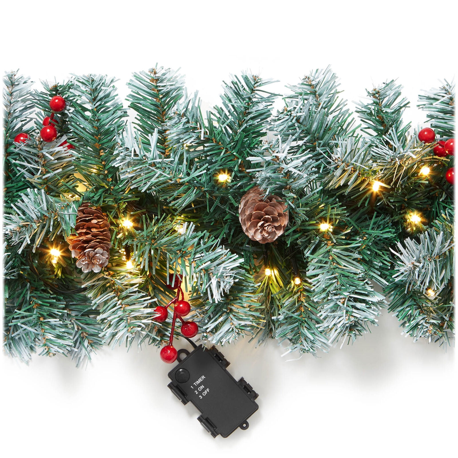 Casafield Pre-Lit Artificial Christmas Garland, 9FT Pre-Decorated Snow-Flocked Garland with 100 White Lights, Pine Cones, Berries Holiday Décor