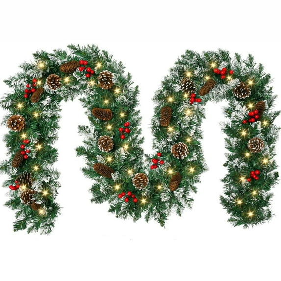 9FT Pre-Lit Christmas Cedar Garland with 50 Lights, Lifelike Faux Pine Garland with Pinecones & Red Berries for Fireplace, Staircase, Doorframe & Holiday Decor