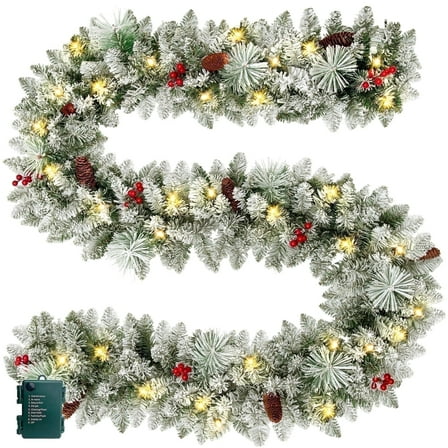 9ft Pre-Lit Snow Flocked Christmas Garland with LED Lights w/ 8 Modes & Timer for Outdoor Indoor Xmas Decoration Fireplace Stairs Doorway Railings Decor, Battery Operated