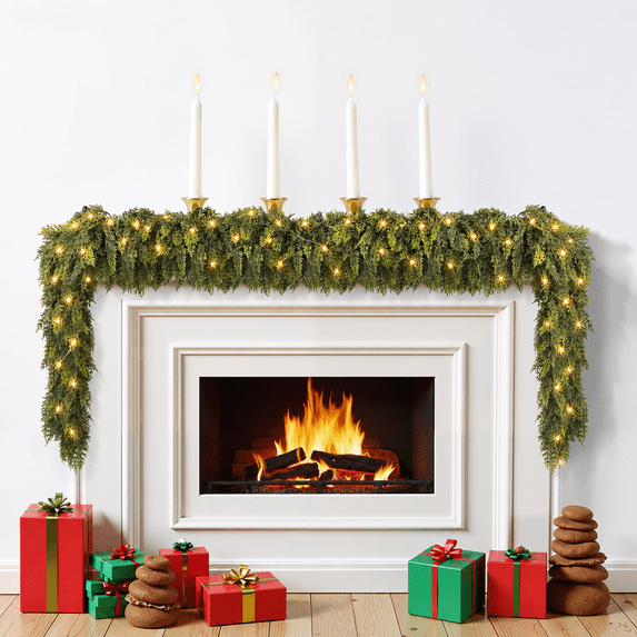9FT Pre-Lit Real Touch Cedar Garland with Warm White LED Lights, 1 Pack
