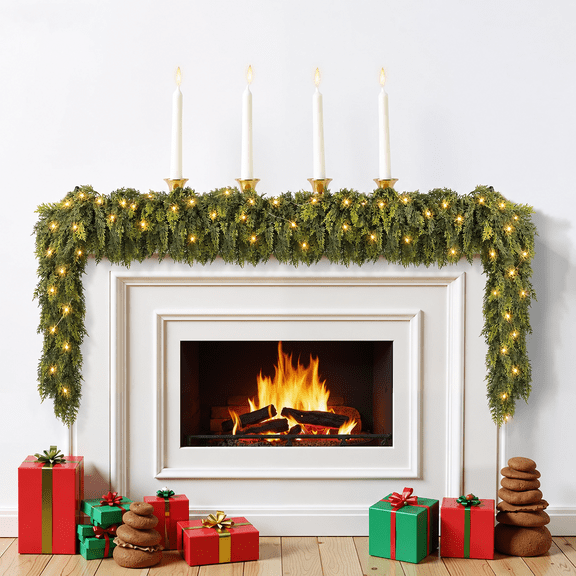 9FT Pre-Lit Real Touch Cedar Garland with Warm White LED Lights, 1 Pack