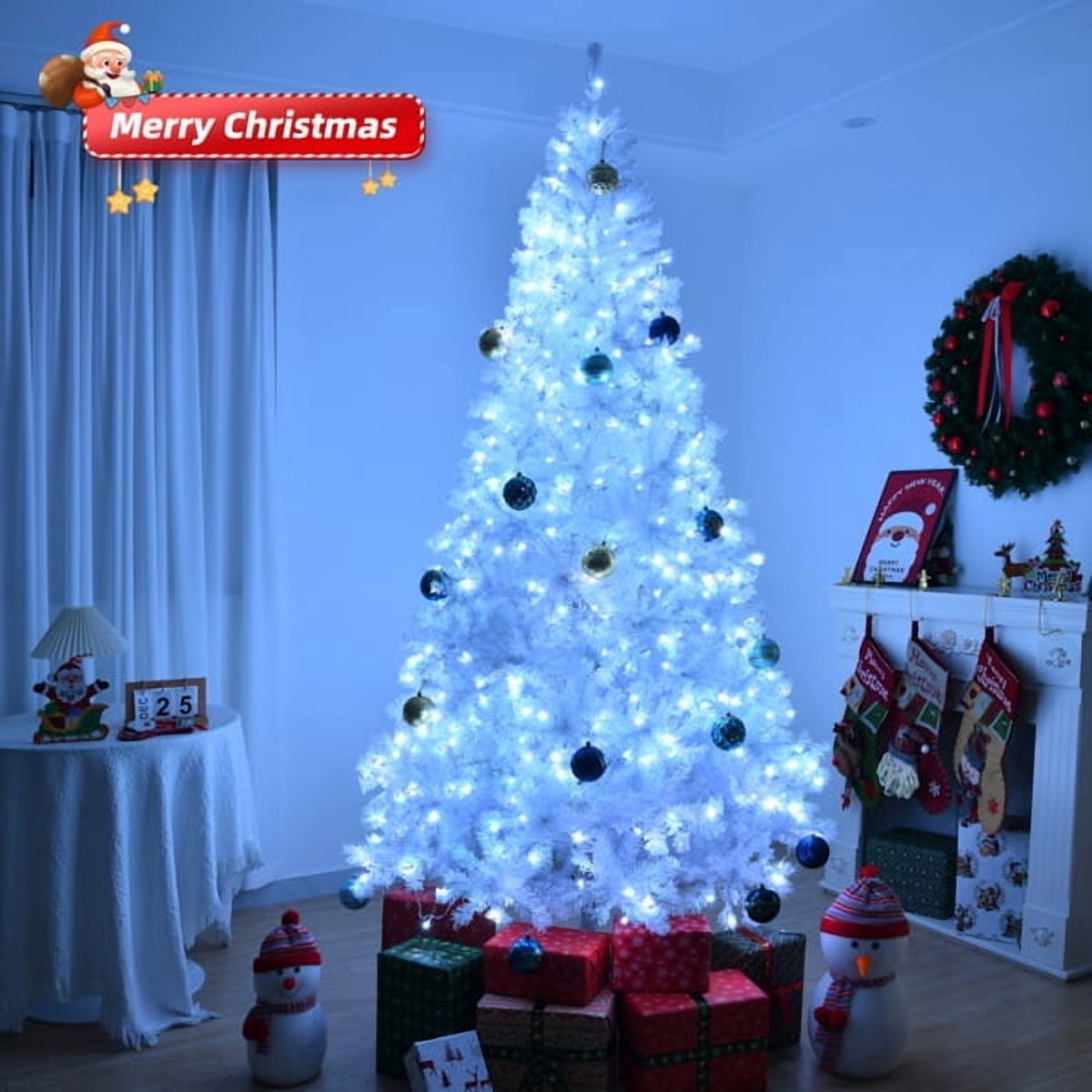 9FT Pre-Lit White Christmas Tree, 2000 PVC Branch Tips, 650 Cold White LEDs, Sturdy Iron Stand, Flame-Retardant Artificial Holiday Centerpiece