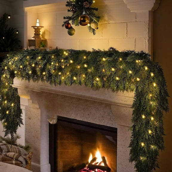 9FT Pre-lit Christmas Cedar Garland with LED Lights Realistic Faux Garland Artificial Greenery for Fireplace Table Mantle Wall Indoor Outdoor Winter Holiday