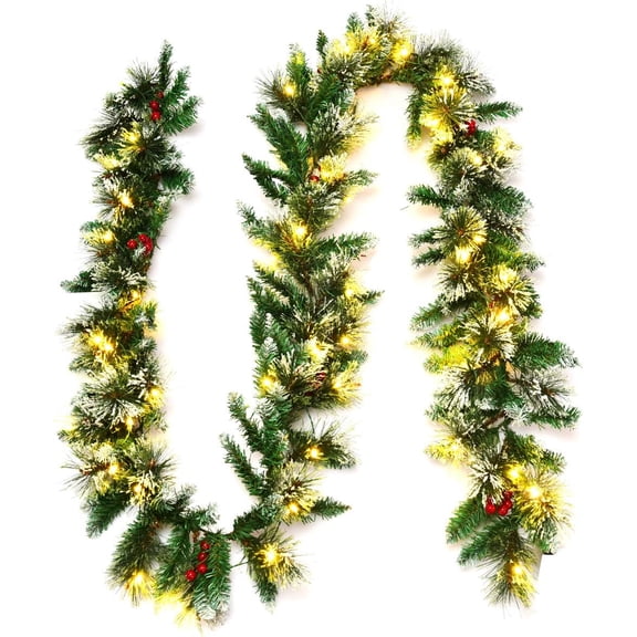 9FT Pre-lit Christmas Garland, Artificial Christmas Pine Rattan w/Timer, 50 LED Lights and Red Berries, Ideal for Holiday Wedding Party