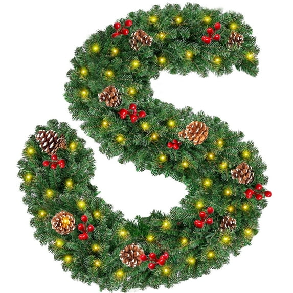 2 Packs 9FT Pre-lit Christmas Garland for Outdoor Indoor, Artificial Christmas Garlands with 50 LED Light Battery Operated Red Berries White Pine Cones Garland for Holiday Xmas Decoration