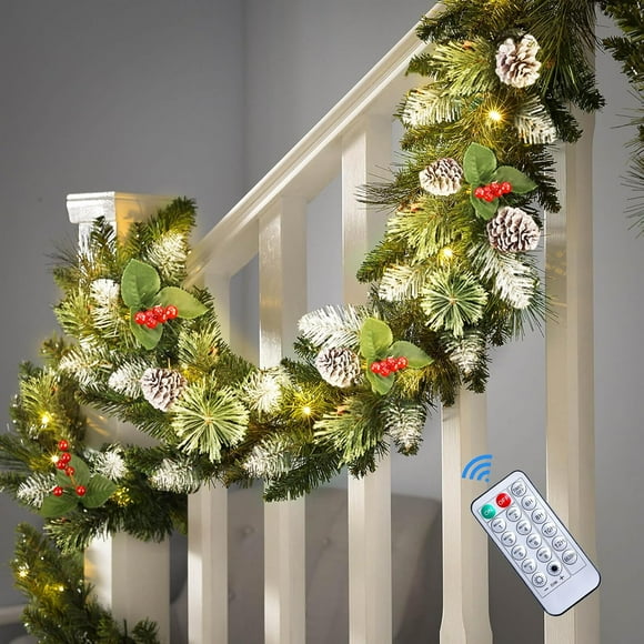 9FT Prelit Artificial Christmas Garland with Color Changing Lights and Timer by Remote Control and Batteries Operated for Mantle Stairs Fireplace Xmas Decoration, Indoor Outdoor, 9 FT, Snow