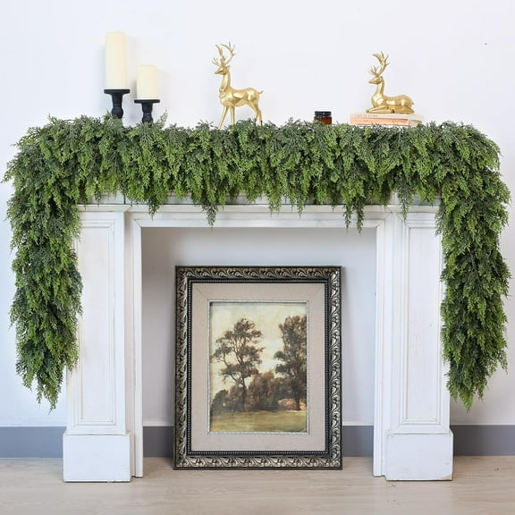 9FT Real Touch Cedar Garland for Fireplace - Artificial Christmas Garlands Realistic Faux Greenery Fake Pine Needles Garland for Holiday,Table, Window,Mantel,Stairs, Home,Indoor Outdoor Decor (1PCS)