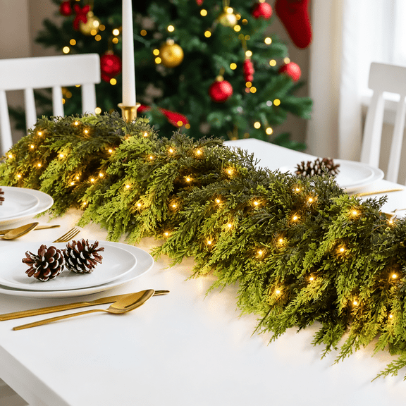 9FT Real Touch Cedar Garland with Warm White LED Lights, 180 Lush Branches, Pre-Lit Artificial Christmas Greenery for Mantel, Fireplace & Stairs, 1 Pack