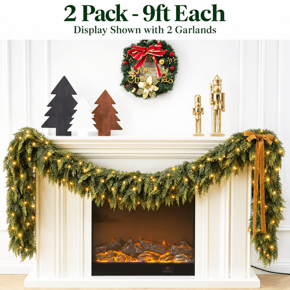 9FT Real Touch Cedar Garland with Warm White LED Lights, 180 Lush Branches, Pre-Lit Artificial Christmas Greenery, 2 Pack