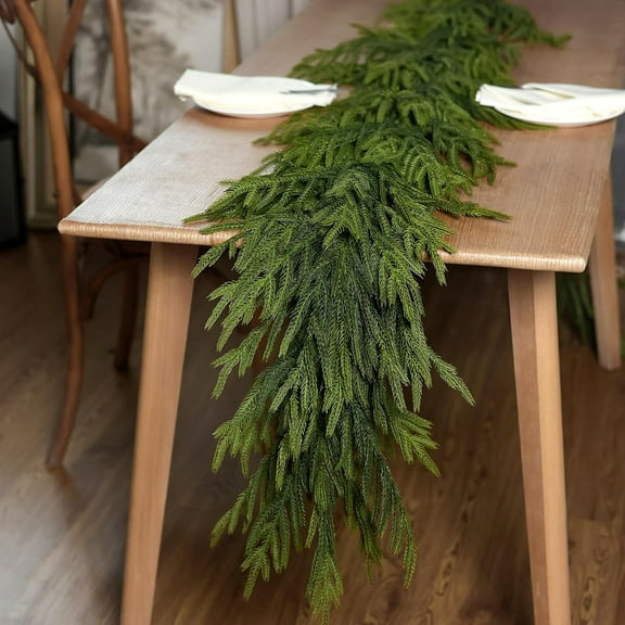 9FT Real Touch Christmas Norfolk Pine Garland, Artificial Christmas Garland Pine Faux Greenery Garland for Fireplace, Table, Window, Stairs, Mante,Holiday Indoor & Outdoor Xmas Decor(2PCS)