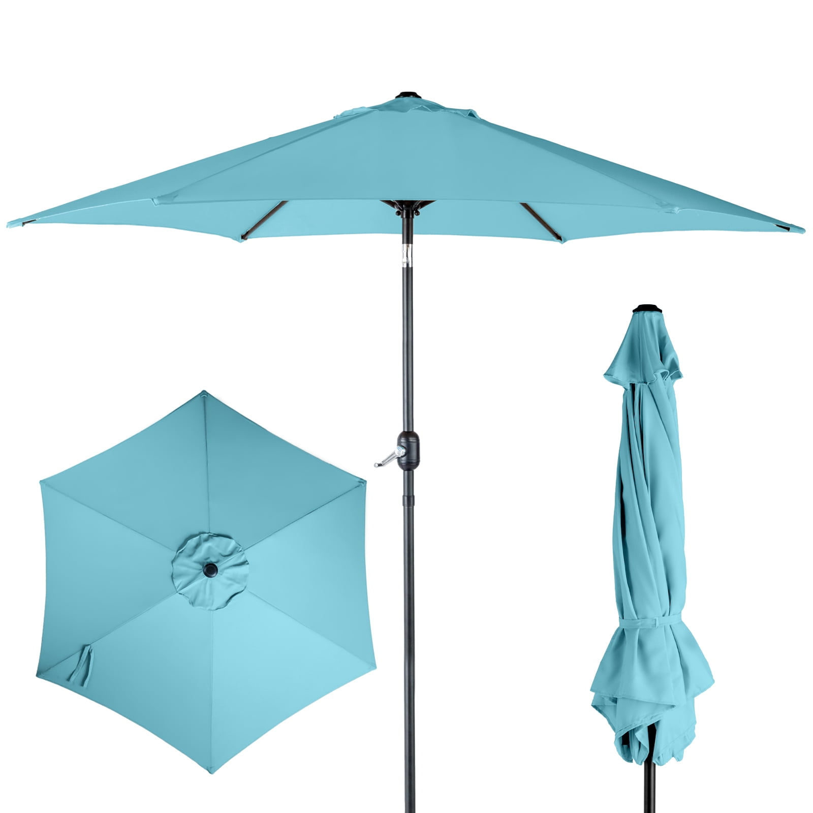 9FT Round Patio Umbrella - Sky Blue, Heavy-Duty Polyester Canopy, 6 Iron Ribs, Crank Tilt & KD Structure for Outdoor Spaces (Patio/Balcony/Garden/Poolside)