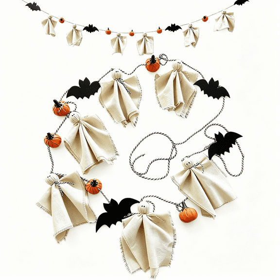 9FT Rustic Halloween Ghost Pumpkin Bat Garland, Farmhouse Halloween Banner with Linen Ghost, Mini Pumpkin & Black Bat Cutouts, Hanging Garland for Mantel Frame, Wall, Window & Halloween Party Decor