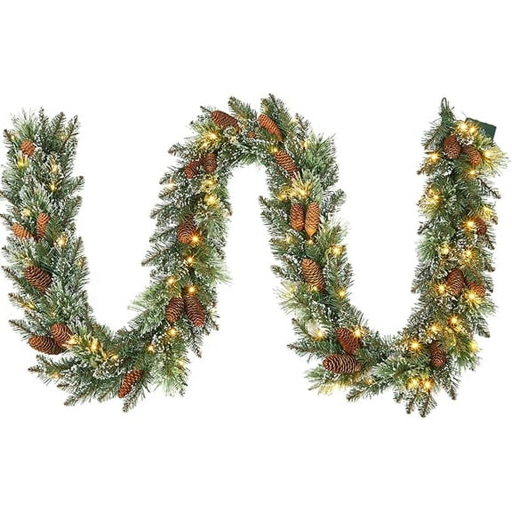 9FT Snow Flocked Norfolk Pine Winter Wreath with Twig & Pinecone- Artificial Winter Wreaths for Front Door Porch Wall Window Porch Fireplace Outdoor Decor