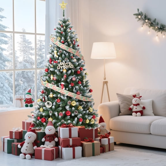 9FT Snow Flocked Pencil Spruce Artificial Christmas Tree with Pinecones,Pre-Lit Holiday Christmas Pine Tree with with 352 Branch Tips, 150 LED Lights, for Home, Office and Party Decor