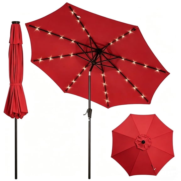 9FT Solar LED Patio Umbrella, 32 LED Outdoor Market Umbrella with Tilt Crank, 8 Iron Ribs Weather Resistant Sun Shade for Garden Deck Backyard Pool - Red