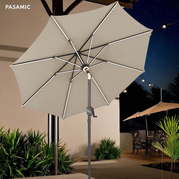 9FT Solar LED Patio Umbrella Market Table Umbrella, 16 LED Strip Lights & Hub Light, Aluminum Frame,Beige