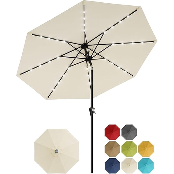 9FT Solar LED Patio Umbrella, outdoor market parasol with 8 reinforced ribs and 30 dual tilt system, easy crank lift for quick adjustment, off-white tone for garden, balcony and terrace