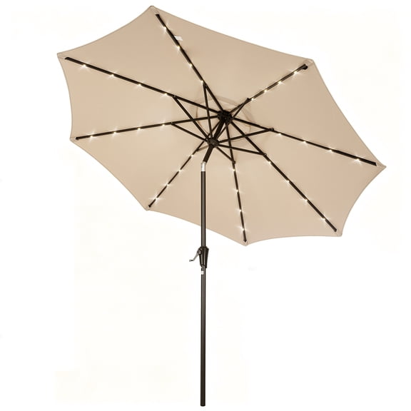 9FT Solar LED Patio Umbrella with 32 Lights, Outdoor Market Sun Shade with Crank & Tilt, 8 Heavy‑Duty Iron Ribs for Backyard Pool