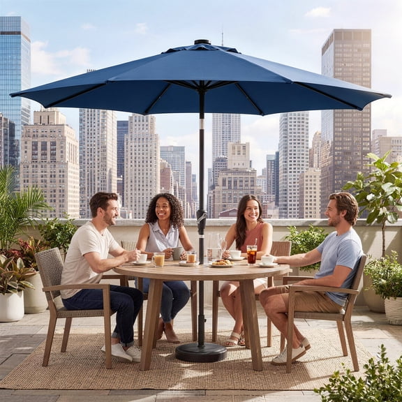 9FT Solar LED Patio Umbrella with 32 Lights, Outdoor Market Sun Shade with Crank & Tilt, 8 Heavy‑Duty Iron Ribs for Backyard Pool