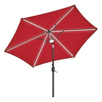9FT Solar Lighted Patio Umbrella Large Outdoor Umbrella with Strip Lights & Hub Light, LED Table Sunshade w/Crank & Tilt for Courtyard Deck Beach Pool, Red