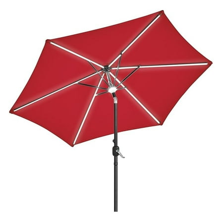 9FT Solar Lighted Patio Umbrella Large Outdoor Umbrella with Strip Lights & Hub Light, LED Table Sunshade w/Crank & Tilt for Courtyard Deck Beach Pool, Red