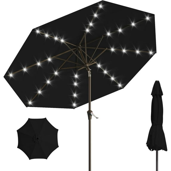 9FT Solar Patio Umbrella - 32 LED Lights, Tilt & Crank Function, Table ...