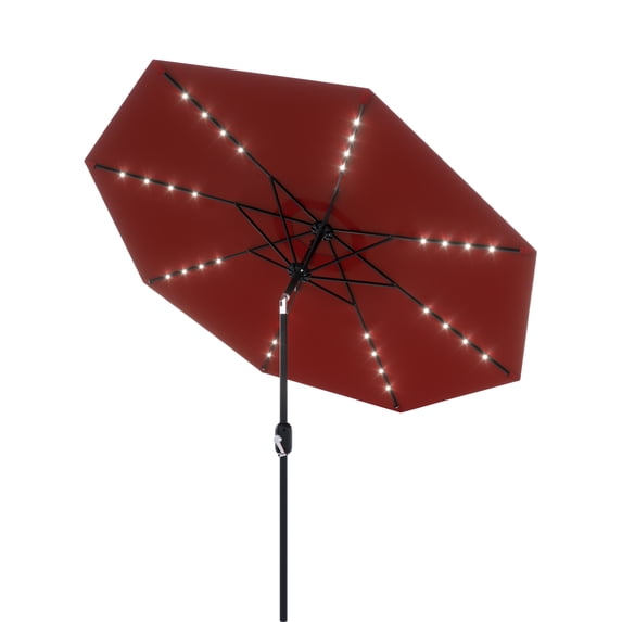 9FT Solar Powered Offset Patio Umbrella with LED Lights, 8 Heavy Duty Steel Ribs, Push Button Tilt & Crank Lift, UPF 50+, Water-Resistant DTY Fabric for Outdoor Deck, Garden, Pool, Red