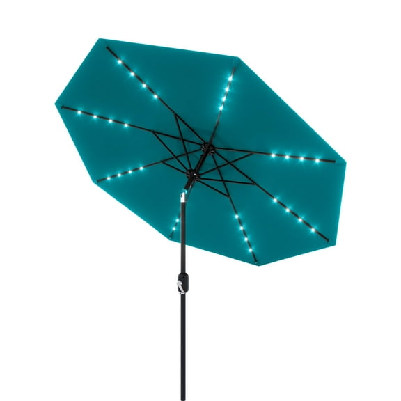 9FT Solar Powered Patio Umbrella, UV Protection Market Table Umbrella w/ 32 LED Lights & Push Button Tilt & Crank Lift System for Garden/Lawn/Deck/Backyard/Pool