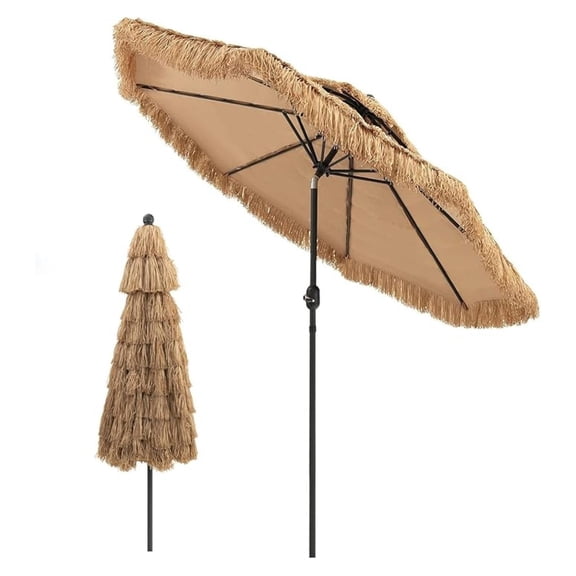 9FT Thatched Tiki Patio Umbrella - 2-Tier Hawaiian Hula Style Beach Umbrella w/8 Ribs, Tilt Adjustment & Crank Lift, Straw Grass Pool Umbrellas, Tropical Palapa Tiki Umbrella Outdoor Patio