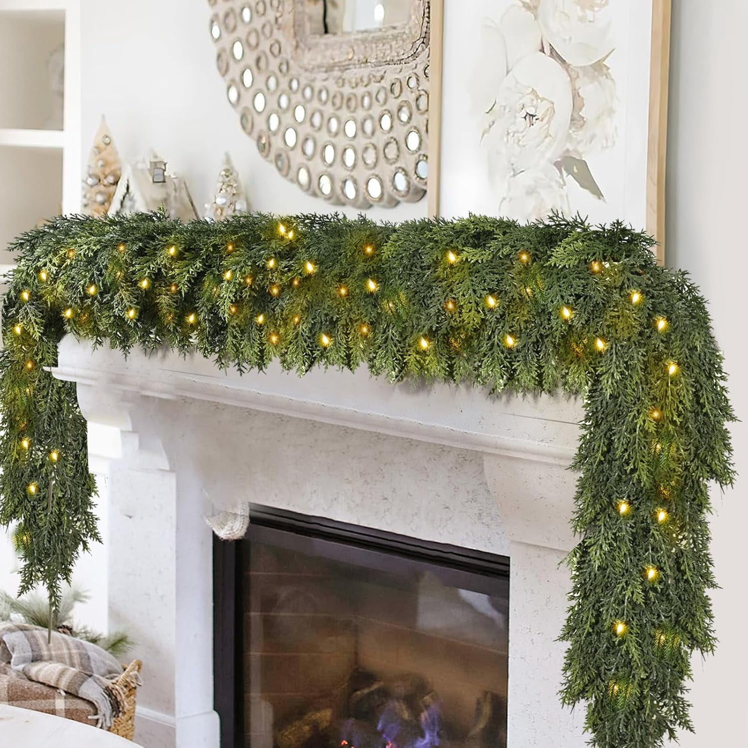 9FT Thick Pre-lit Christmas Garlands with 240 Cedar Branches, 50 Lights ...