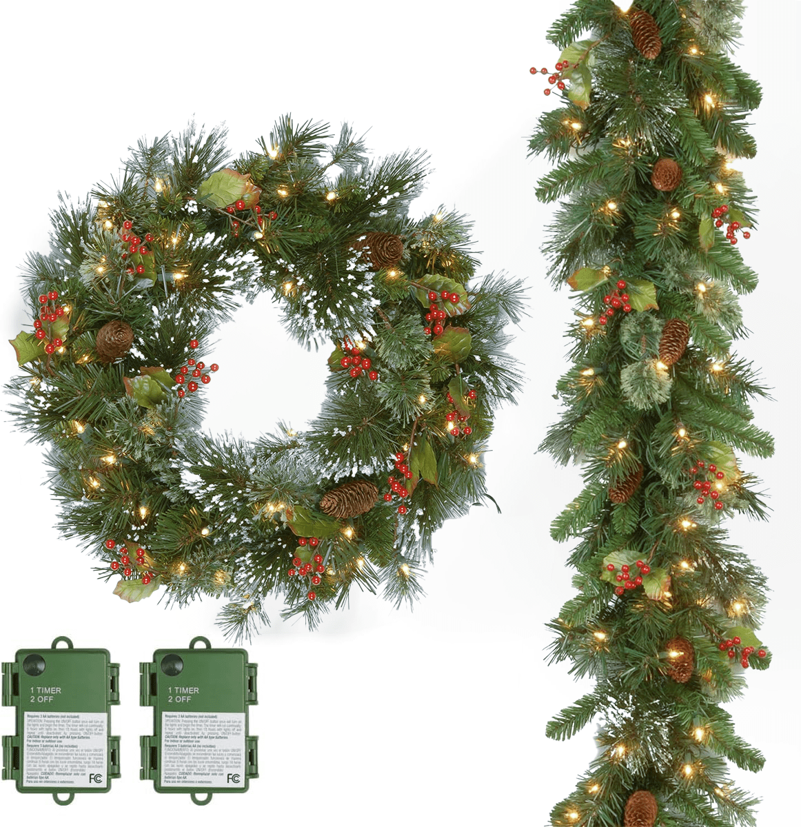 9Ft 24inch PreLit Christmas Wreath and PreLit Christmas Garland Set