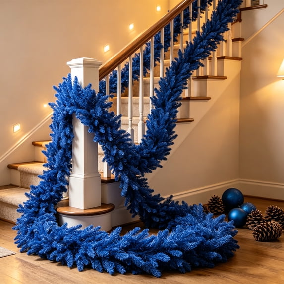 9Ft Blue Christmas Garland with Winter Berries, Artificial Pine Decoration for Mantel, Staircase, Fireplace, and Wall, Indoor Outdoor Holiday Use, Blue