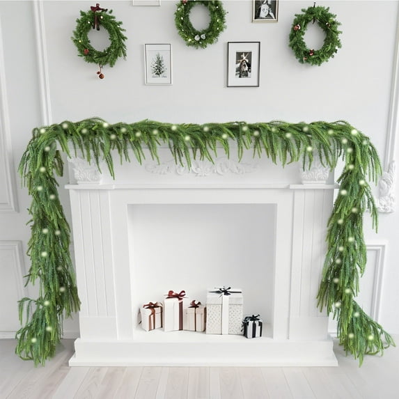 9Ft LED Lighted Artificial Norfolk Garland - Green Plastic Realistic Winter Garland with Warm Lights, Flexible Indoor Outdoor Xmas Decor for Mantle Staircase Door Table Home Office Holiday Party