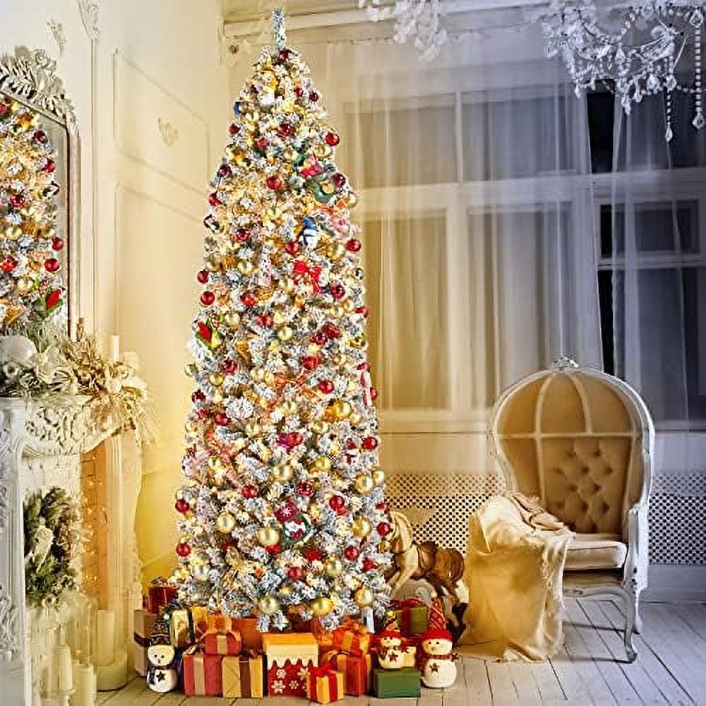9Ft PreLit Snow Flocked Pencil Christmas Tree Kingswood Fir Hinged