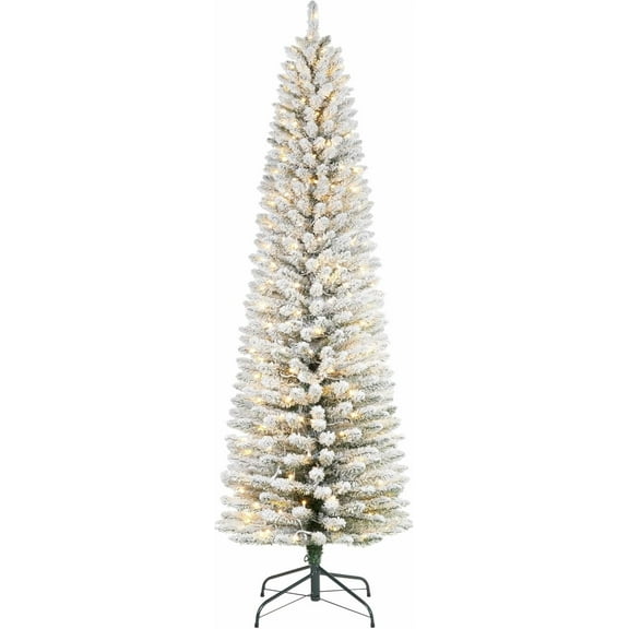 9Ft Pre-Lit Snow Flocked Pencil Christmas Tree, Slim Artificial Tree with 170 Warm White Lights & Frosted Branches, White Holiday Decor