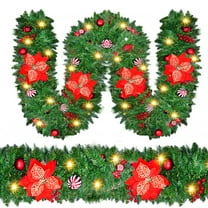 9Ft PVC Christmas Wreath With Red Berries And Ornaments-Led Christmas Vine With Battery Compartment For Porches, Windows, And Fences