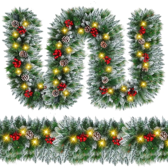 Christmas Garland with Lights - 9FT Pre-Lit Flocked Garland with 30 LED Bulbs, Red Berries, Pine Cones, Artificial Pine Battery Operated Garland for Fireplace, Staircase, Indoor & Outdoor Decoration